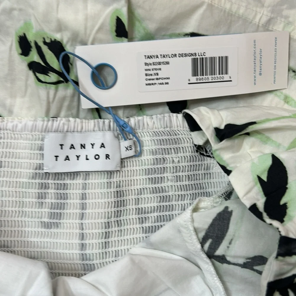 Tanya Taylor Mini Stevie Romper XS Green & Black Flowers on White Cotton Elastic